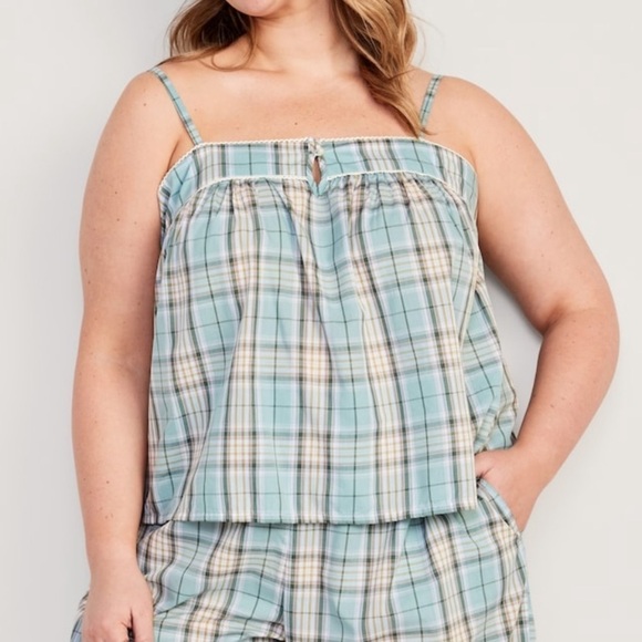 OLD NAVY Striped Smocked Pajama Cami Swing‎ Top in Big Blue Plaid - Picture 1 of 8